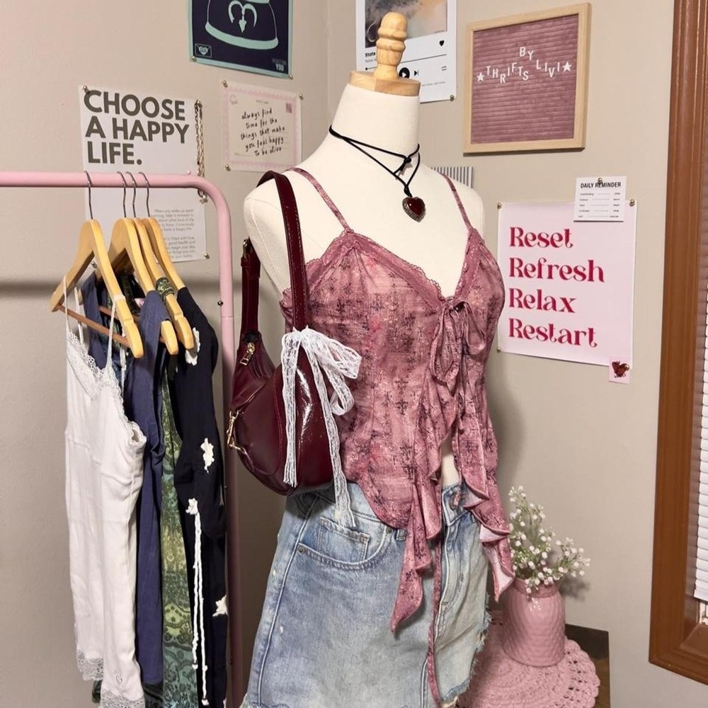 Cider Purple Mesh Ruffle Tie Tank Top Asymmetrical Fairy Size Medium Festival - Picture 4 of 6